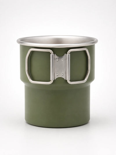 olive green matte stainless steel camping mug with a polished rim and two folding wire handles