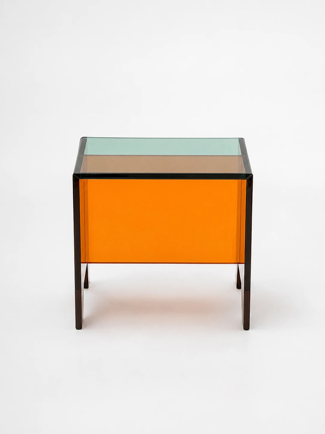 translucent orange acrylic mini stool with a green-tinted top and dark edge lines on a white background