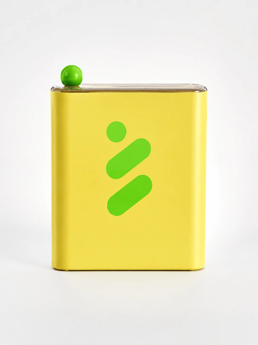 lemon yellow sheet mask storage box with a clear lid, small green ball knob and a green printed motif