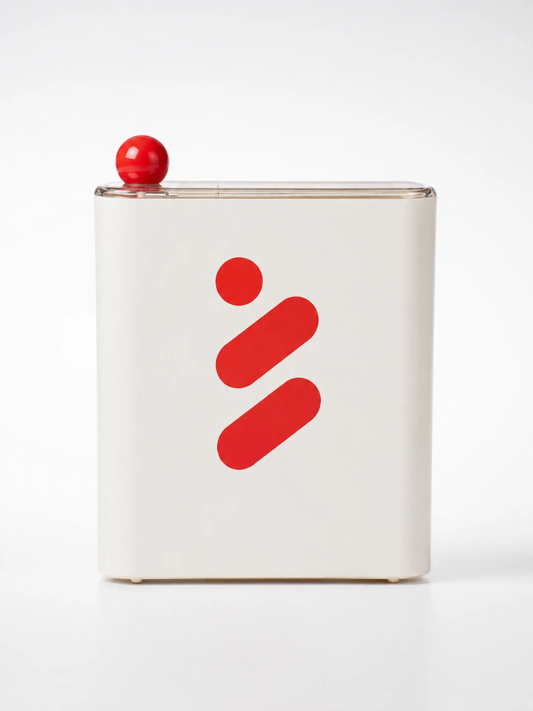 cream sheet mask storage box with a clear lid, red ball knob and a red printed motif on the front