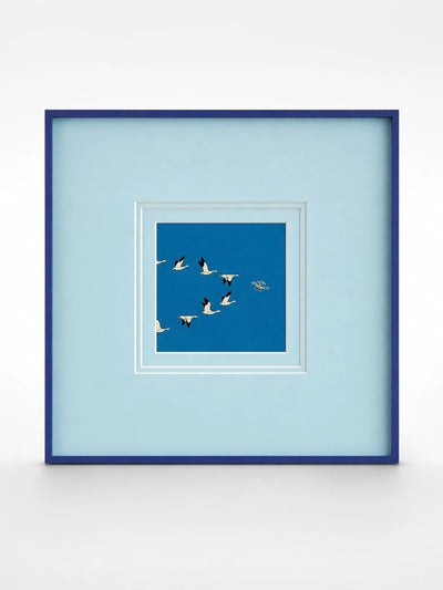 framed canvas print of white geese flying on deep blue, set in a wide pale blue mat with a navy frame