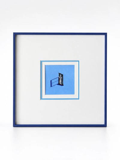 small canvas print of an open window on periwinkle blue, floated in a wide white mat and navy frame