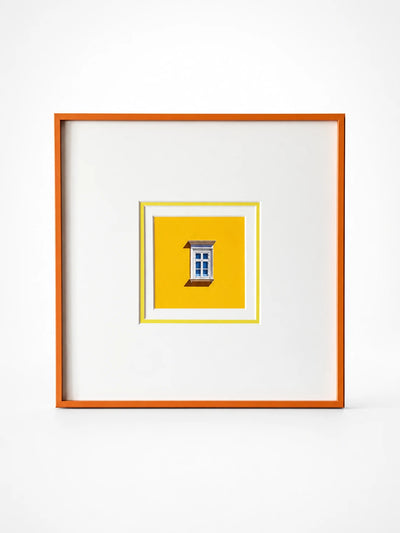 mini canvas print of a white window on a yellow wall, wide white mat inside a slim orange frame