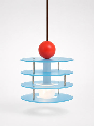 layered pendant light with four frosted blue acrylic discs, white center column, and glossy red ball finial