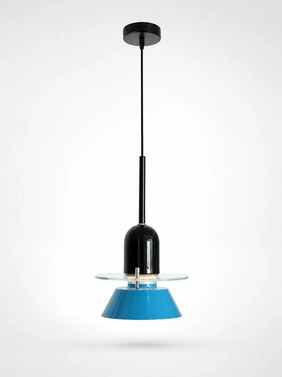 small pendant light with black capsule housing, clear glass disc, and blue cone shade on a white background