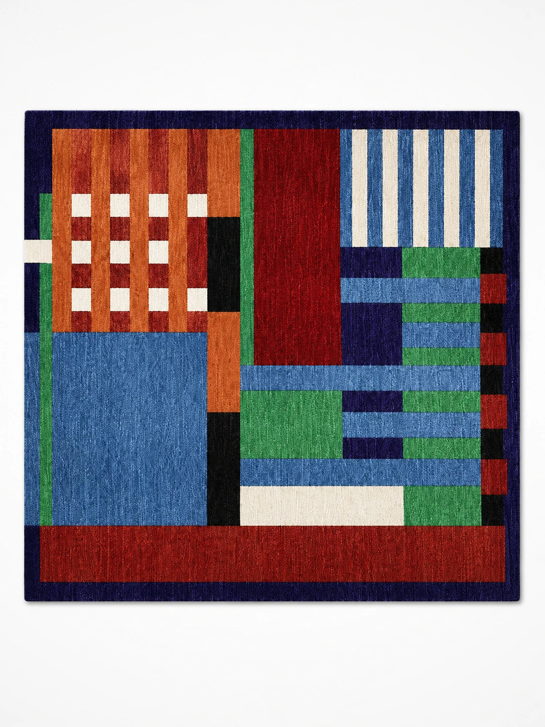 color-block area rug with checked basketweave corner, awning stripes and stacked bars in a navy frame