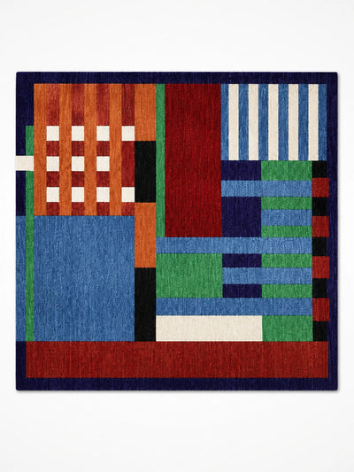 color-block area rug with checked basketweave corner, awning stripes and stacked bars in a navy frame
