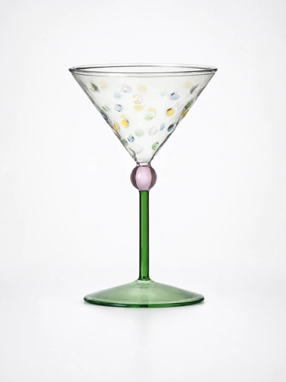polka dot martini glass with a pink ball knop, green stem, and green trumpet foot
