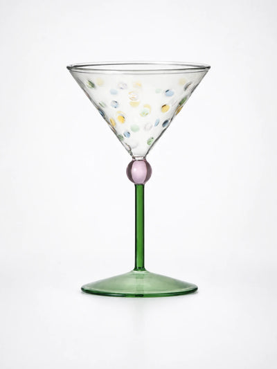 polka dot martini glass with a pink ball knop, green stem, and green trumpet foot