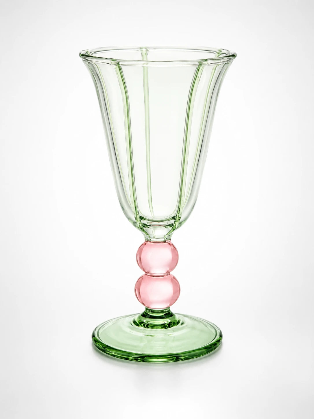 pale green fluted glass goblet with stripe piping, two pink ball stem and green disc foot