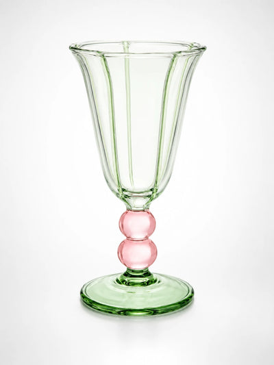 pale green fluted glass goblet with stripe piping, two pink ball stem and green disc foot