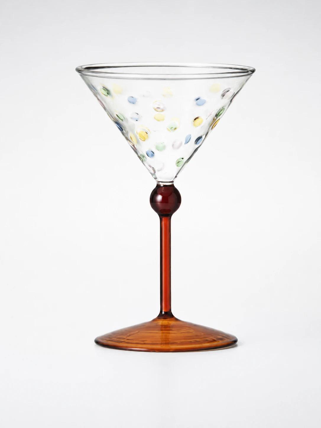 martini glass with multicolor dots, dark red ball knop, amber stem and trumpet foot