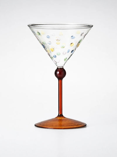 martini glass with multicolor dots, dark red ball knop, amber stem and trumpet foot