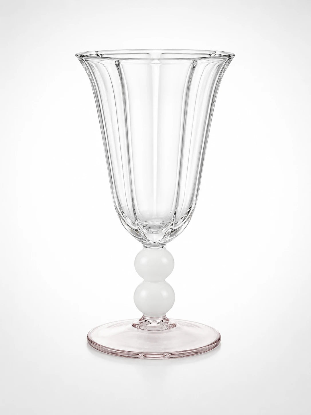 clear paneled glass goblet with opaque white double ball stem and blush pink disc foot
