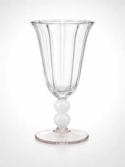 clear paneled glass goblet with opaque white double ball stem and blush pink disc foot