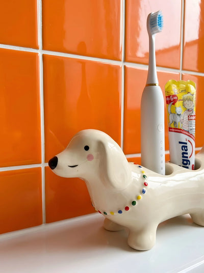 Dachshund Ceramic Toothbrush Holder: Sculptural Dopamine Decor