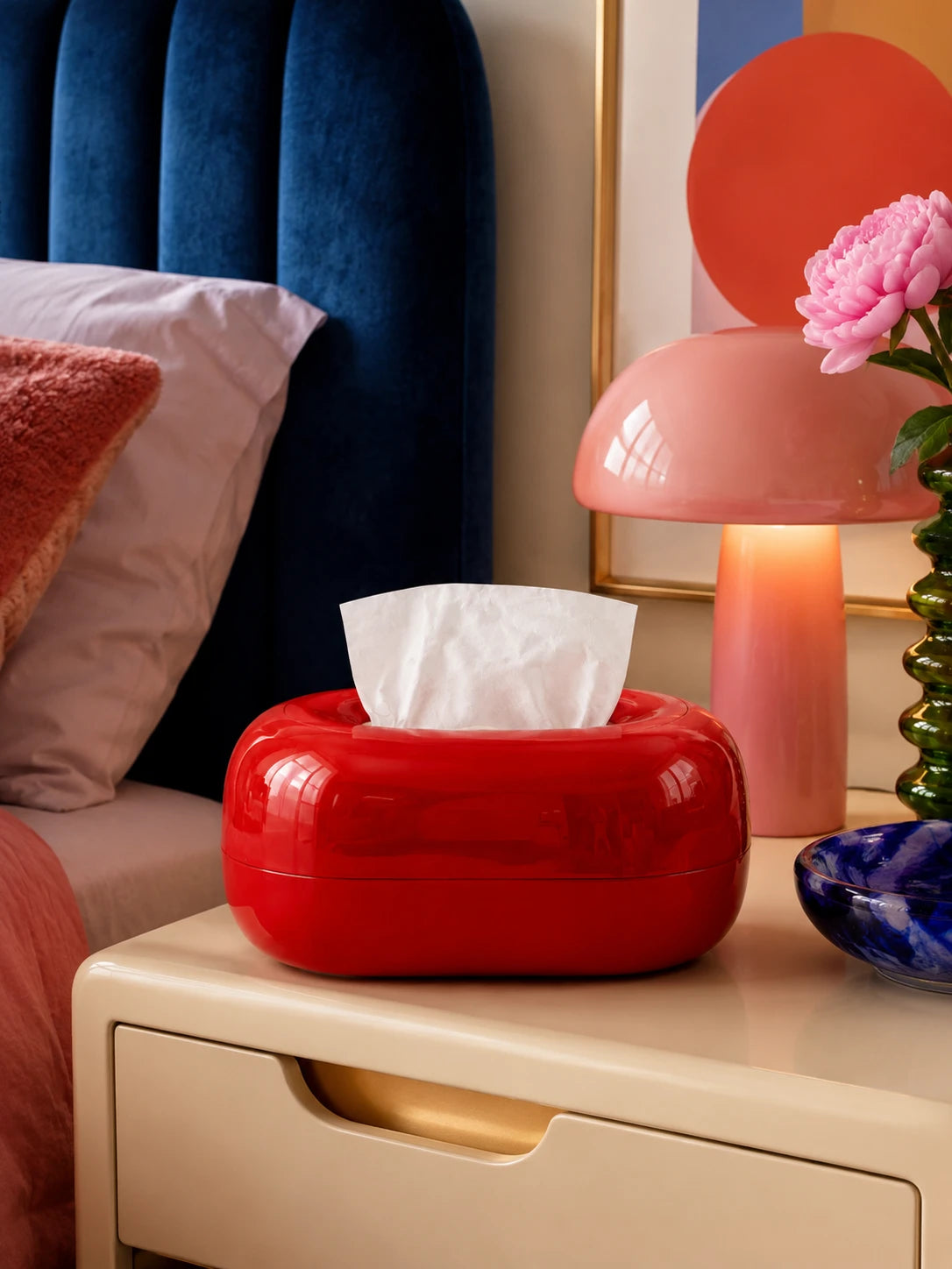 High-Gloss Red Ceramic Tissue Box Cover | Sculptural Organic Form