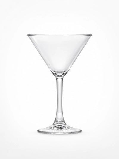 front view of a clear conical martini cocktail glass with slim stem and round flat foot