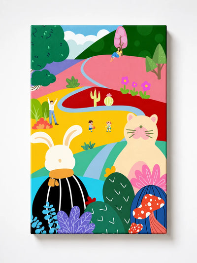 whimsical wall art with a cream cat and white rabbit in a candy-colored landscape with cactus and mushrooms
