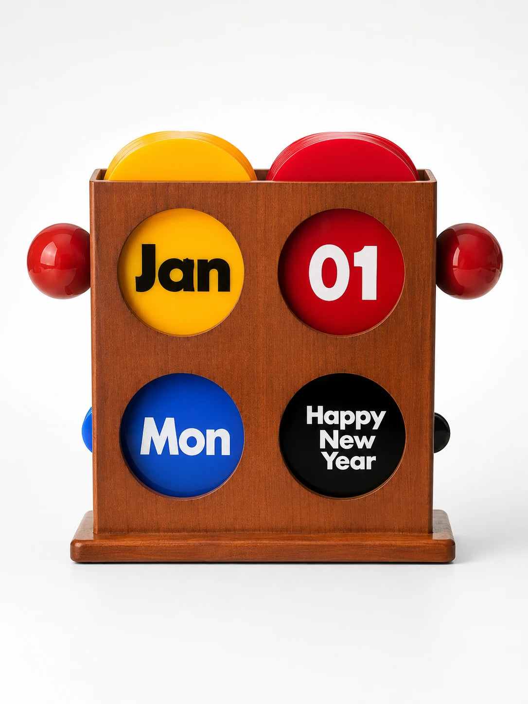 cherry wood perpetual calendar with yellow Jan, red 01, blue Mon and black Happy New Year discs