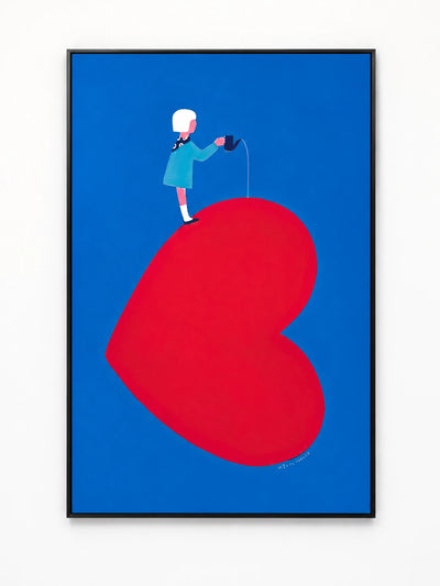 framed art print of a girl watering a giant red heart on a bright blue background