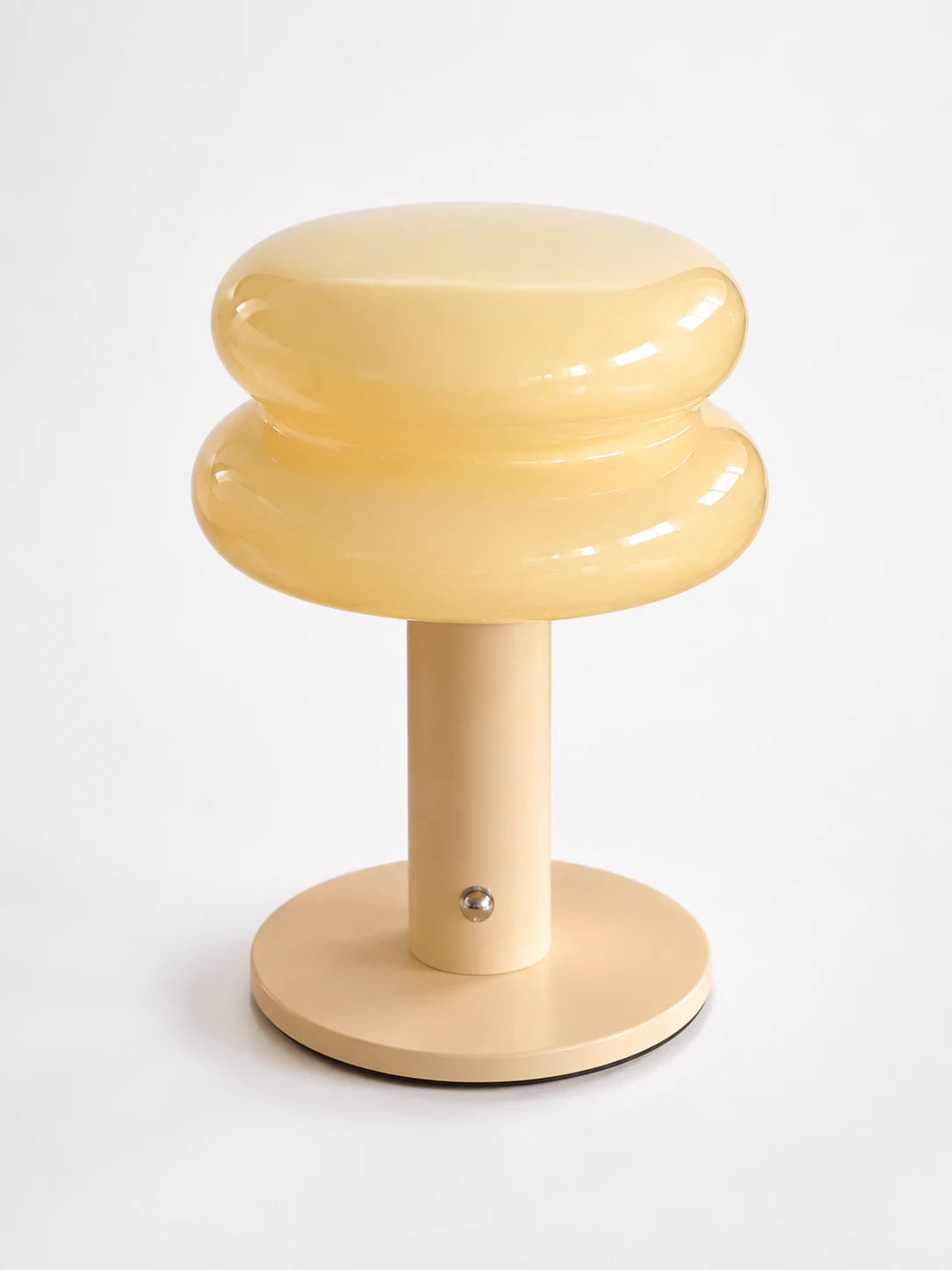 pale yellow stacked macaron glass table lamp with matching stem and round base, studio shot
