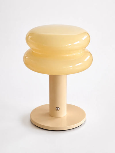 pale yellow stacked macaron glass table lamp with matching stem and round base, studio shot