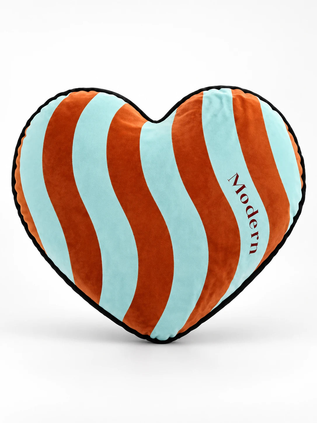 
Aqua and rust wavy striped heart throw pillow, studio shot