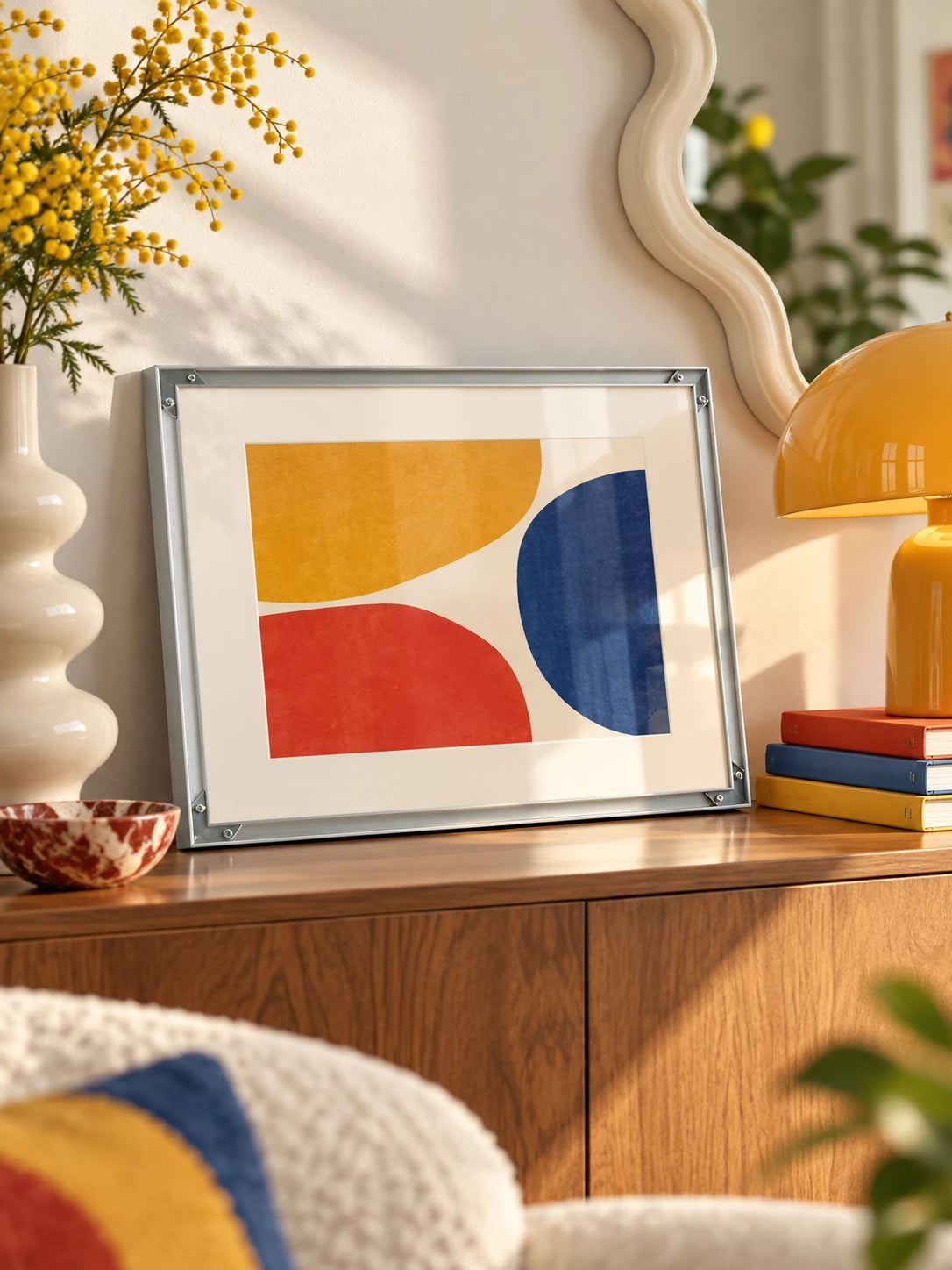 
silver aluminum frame with abstract print styled on a console