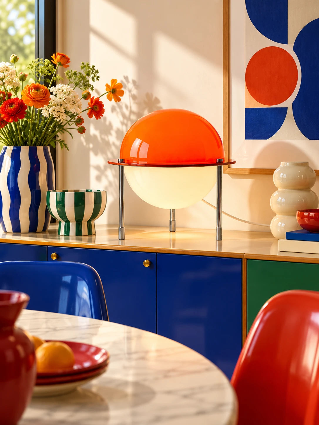 Orange split-sphere lamp on a dining sideboard with striped vases and flower bouquet