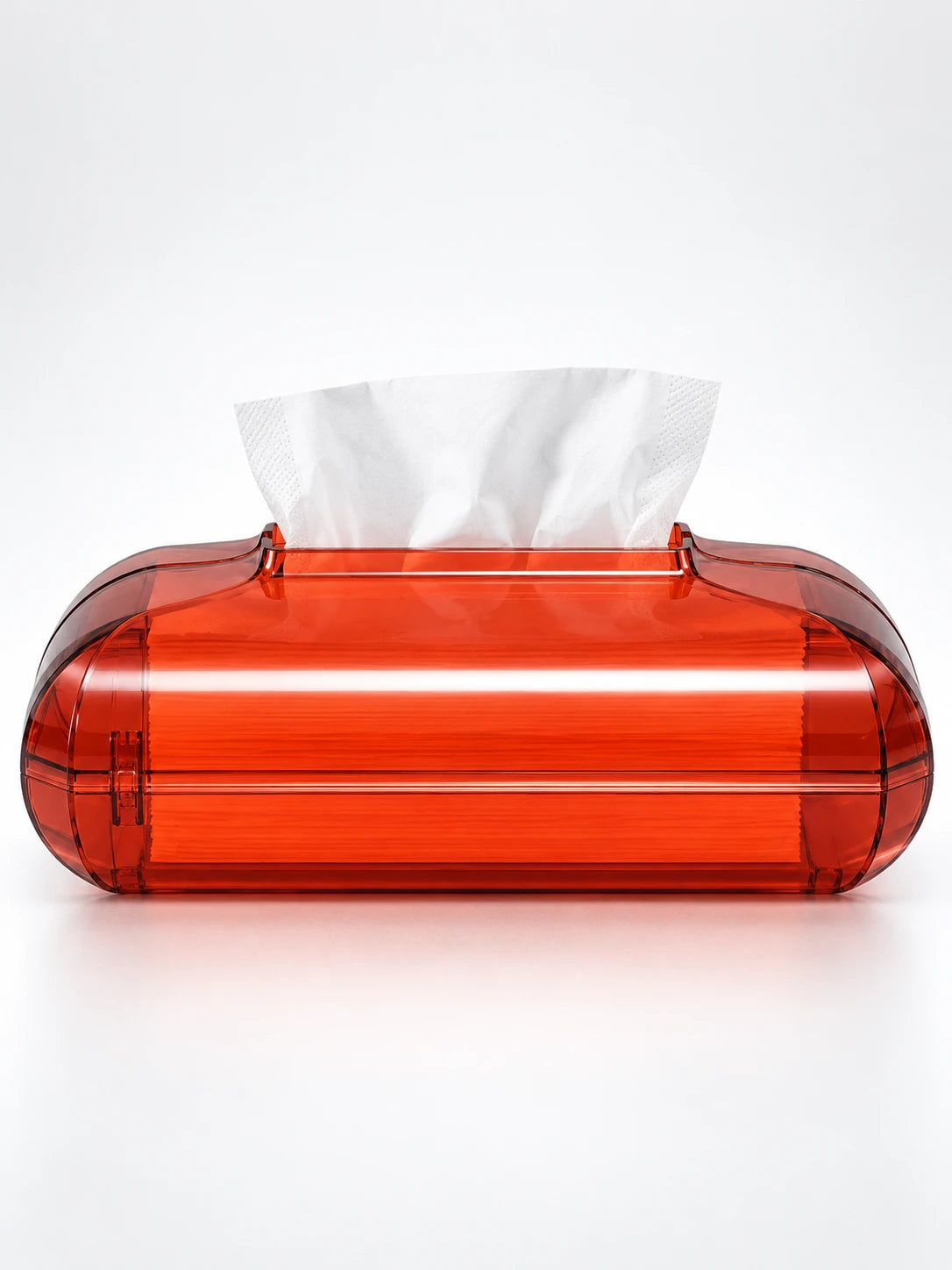
Red translucent acrylic tissue box with magnetic latch, studio shot