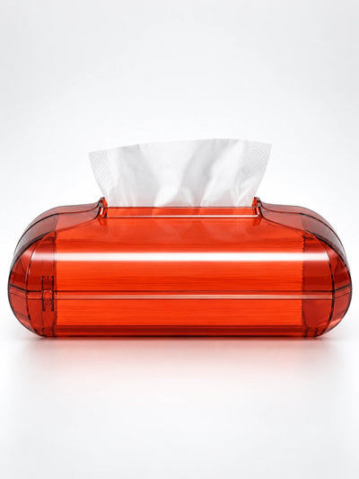 Red translucent acrylic tissue box with magnetic latch, studio shot