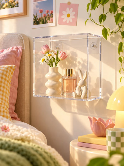 clear acrylic wall display box with vase, perfume and bunny figure in a pastel bedroom