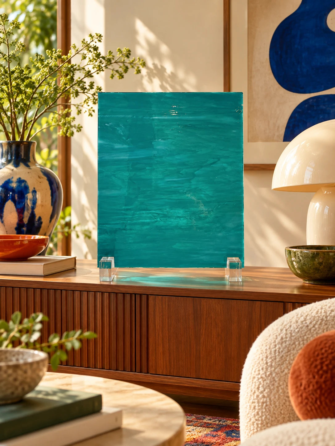 
teal rippled glass sheet standing on a walnut media console