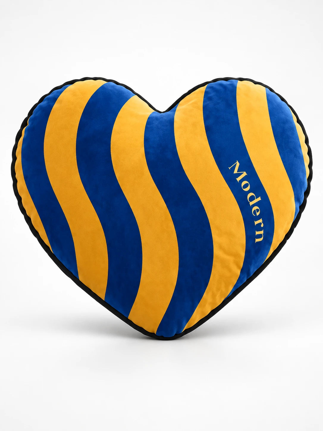 
Cobalt blue and marigold wavy striped heart throw pillow, studio shot