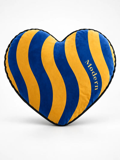 Cobalt blue and marigold wavy striped heart throw pillow, studio shot