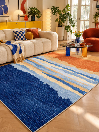 Gradient stripe rug under a glass coffee table with yellow sideboard and tulips