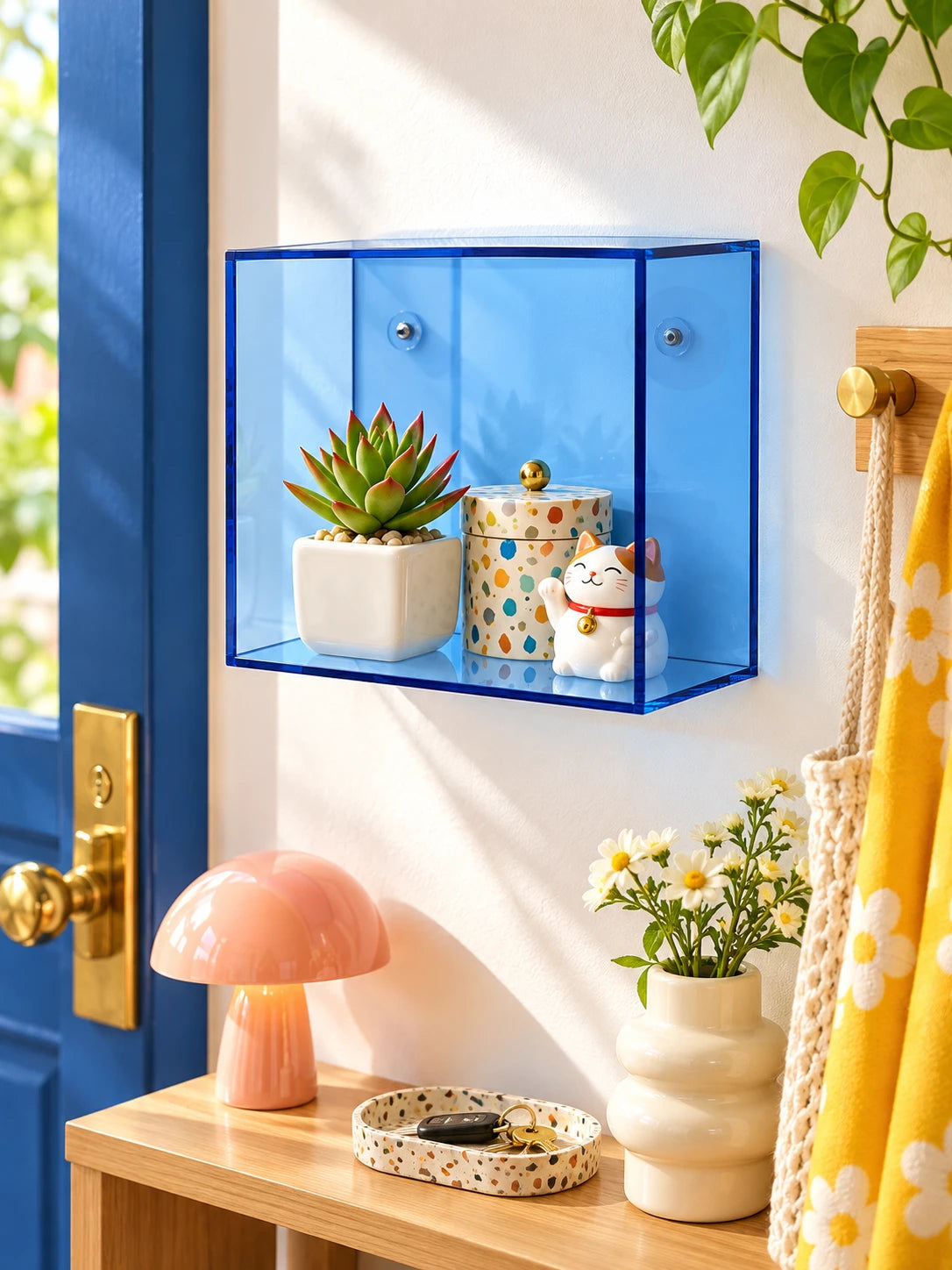 blue acrylic wall display box with succulent and cat figurine by a coat hook