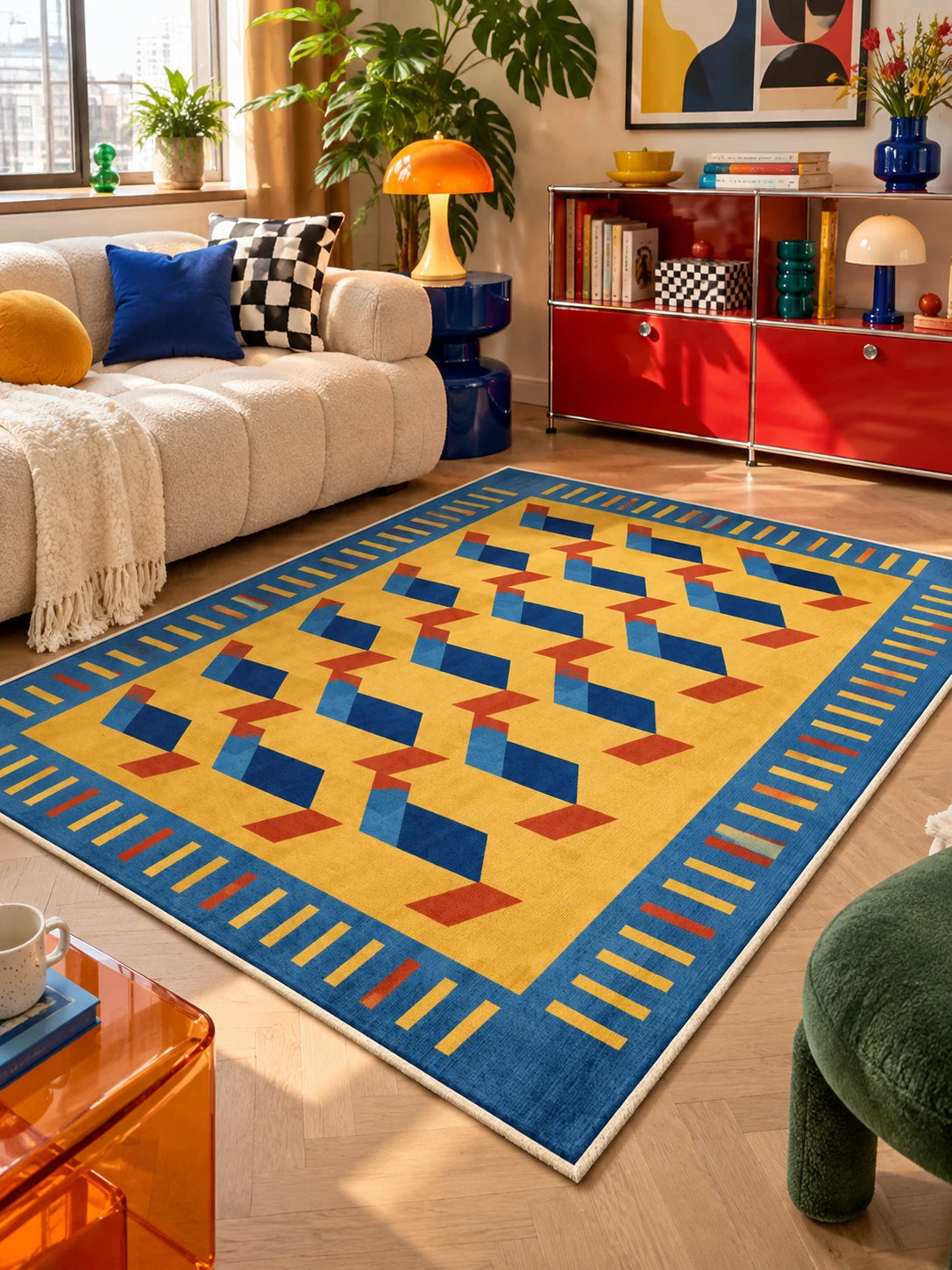 Geometric ribbon rug in a living room with red metal sideboard and orange mushroom lamp