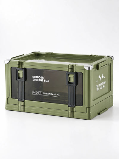 olive green collapsible storage crate with clear latched side doors, studio shot on white