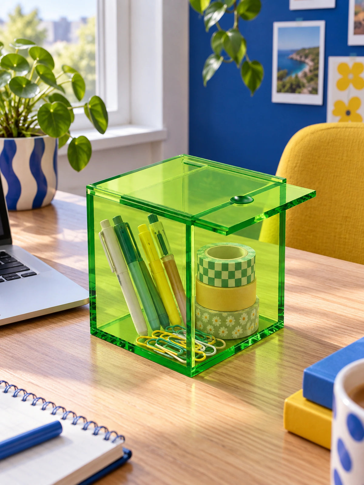 
green acrylic sliding-lid box holding pens and washi tape on a wood desk