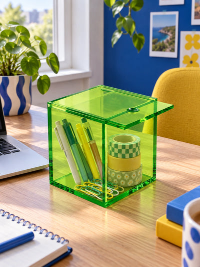 green acrylic sliding-lid box holding pens and washi tape on a wood desk