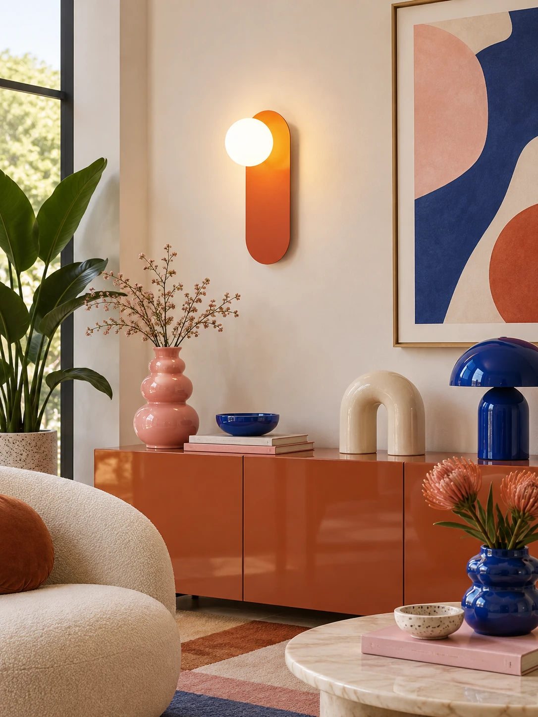 Minimalist wall lamp over a styled console with decor objects