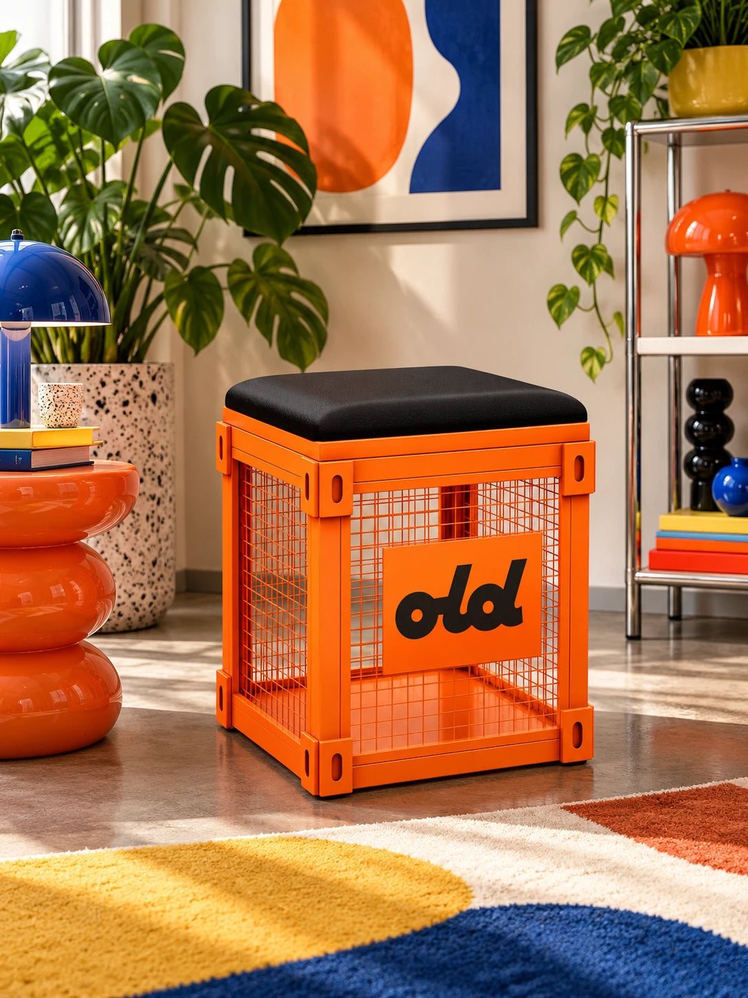 
Orange cage storage stool in a living room with an orange stacked side table and chrome shelving