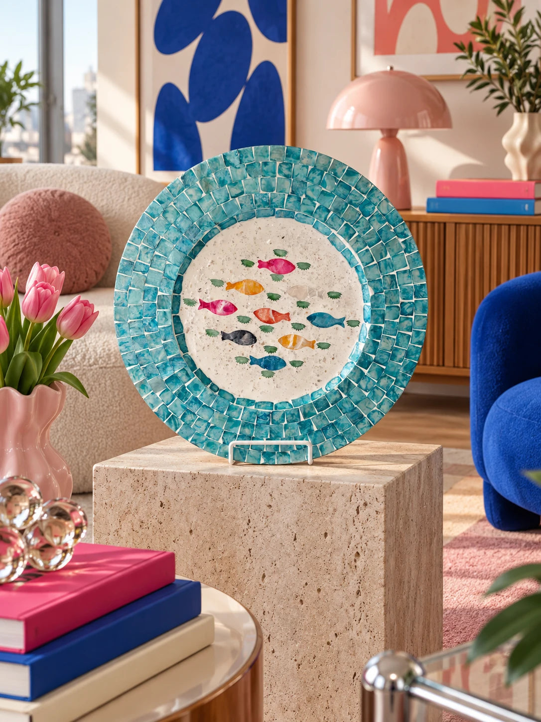 
Turquoise fish mosaic tray on a travertine pedestal beside a blue armchair and tulips