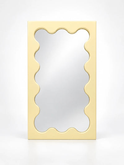 Milk white solid wood vanity mirror with wavy inner frame in a warm cream tone