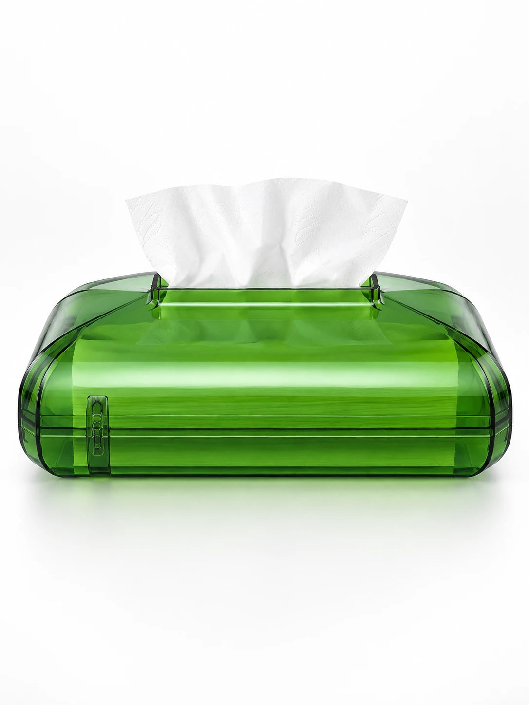 
Green translucent acrylic tissue box with tissue fan, studio shot