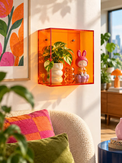 orange-red acrylic wall display box with plant, glass vase and bunny figure in a living room
