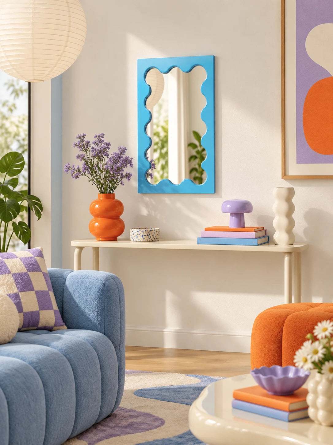 Sky blue wavy-frame mirror in a bright styled bedroom corner