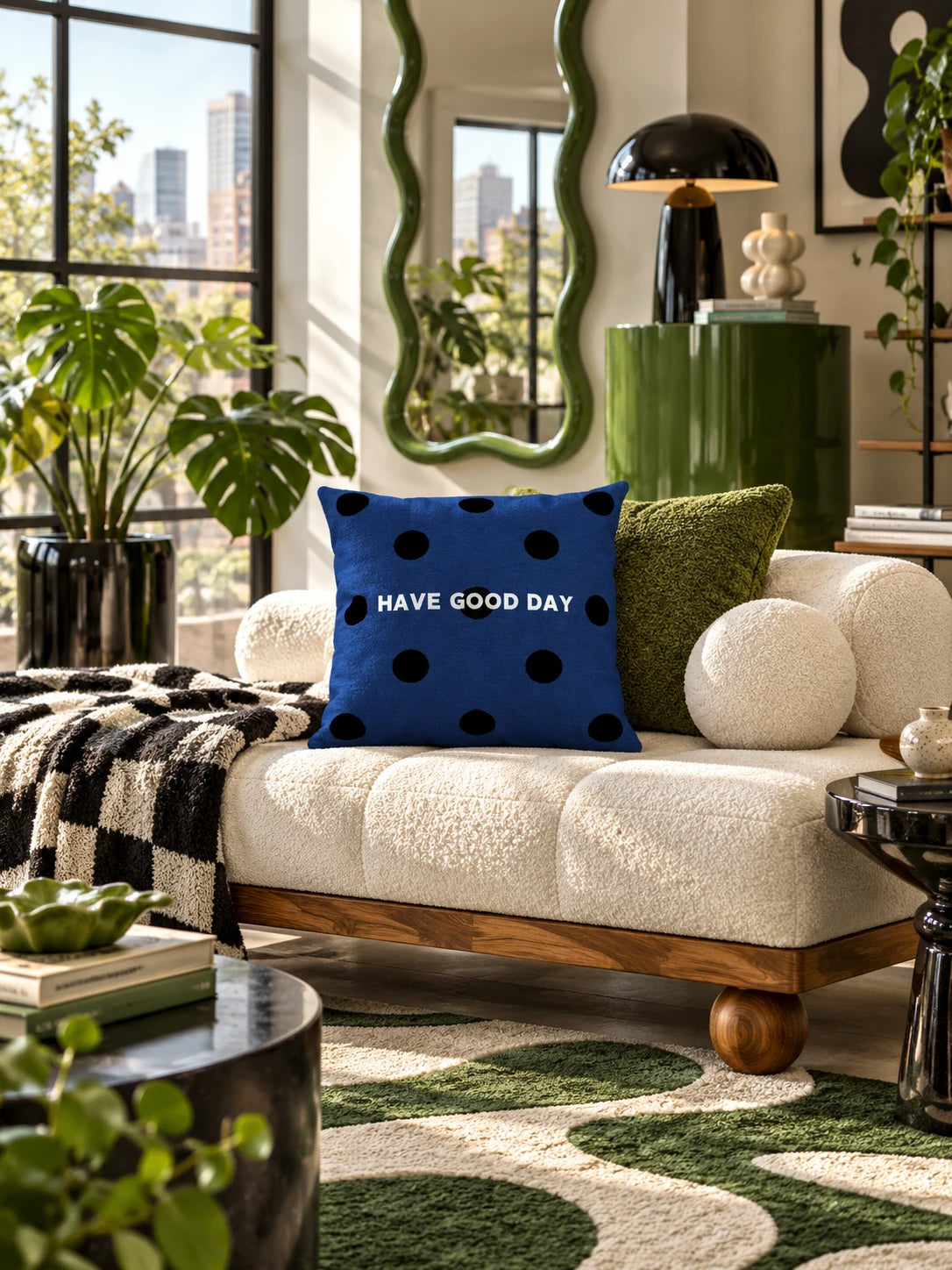 
navy polka dot slogan pillow on a cream boucle daybed with a green cushion